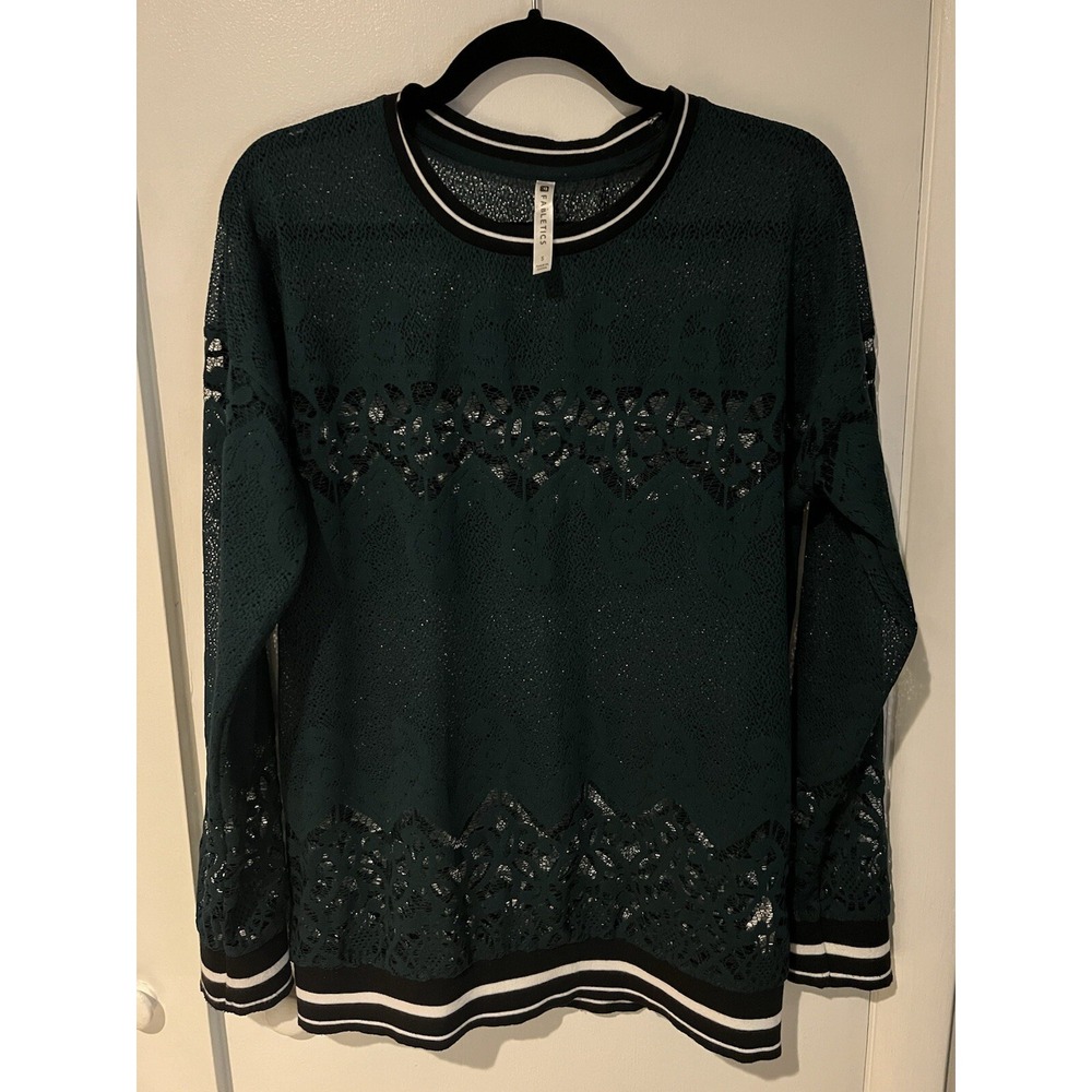 Fabletics Shirt Womens Small Sophie Long Sleeve Green Lace Black White Trim
